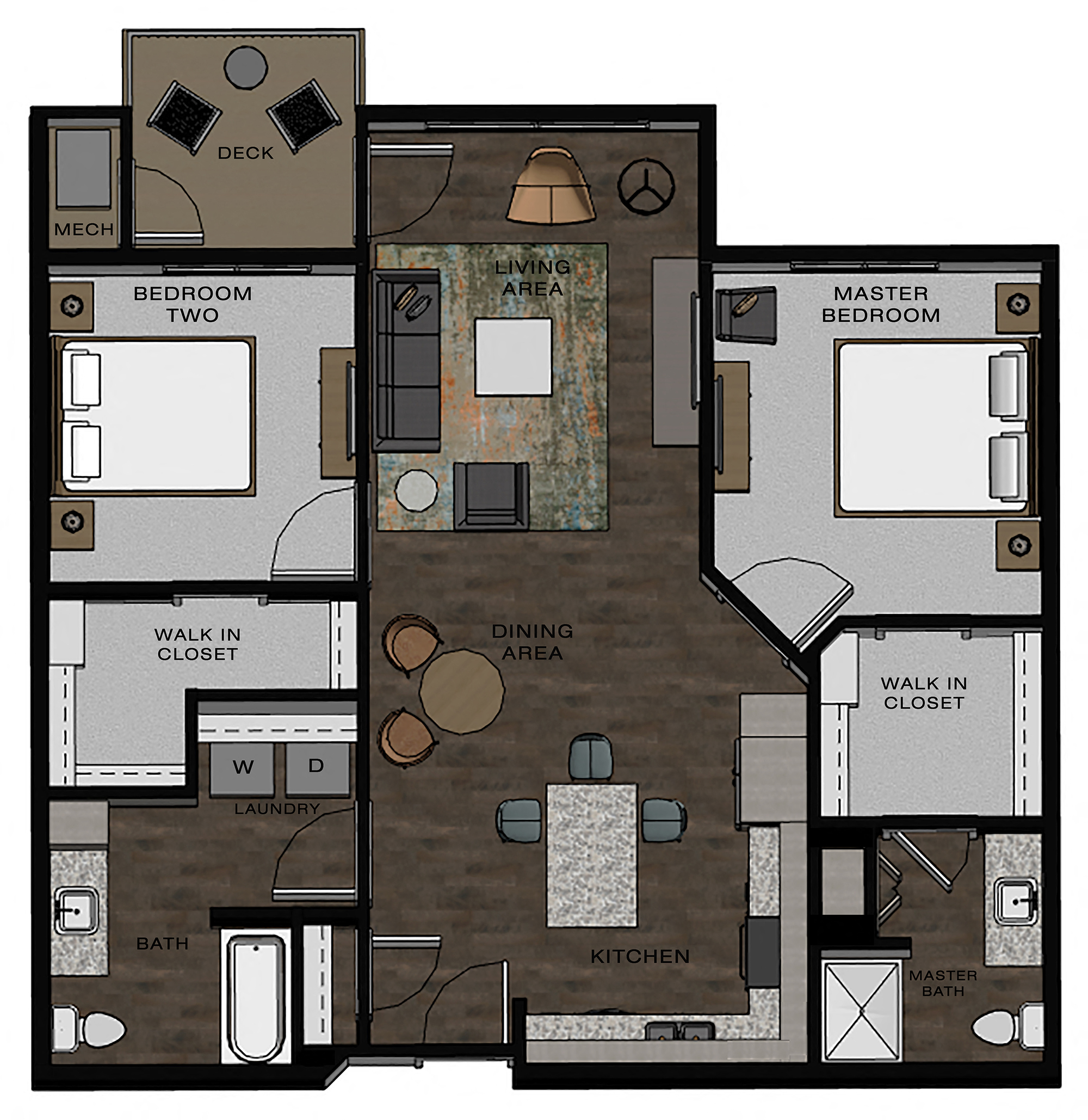 Floor plan for 2 beds, 2 baths, 1119 sqft